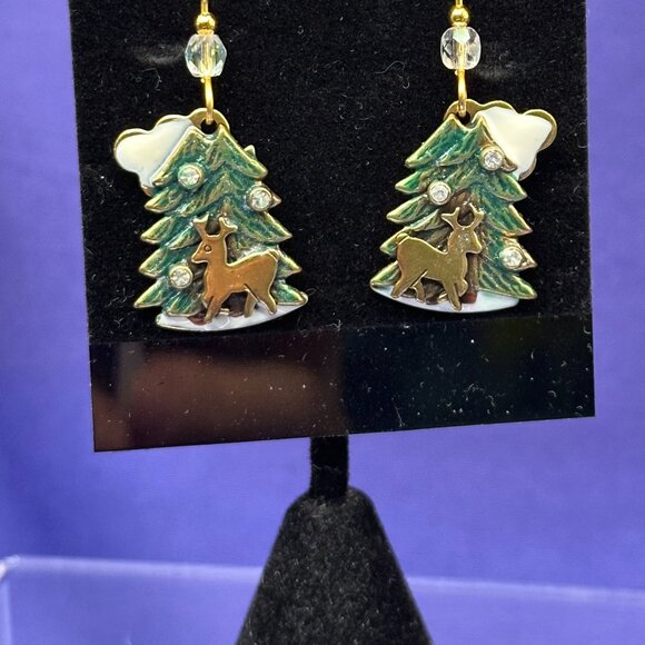 Christmas Earrings Green & White Enamel, Gold-Tone Reindeer w/Crystal Accents - Picture 6 of 10
